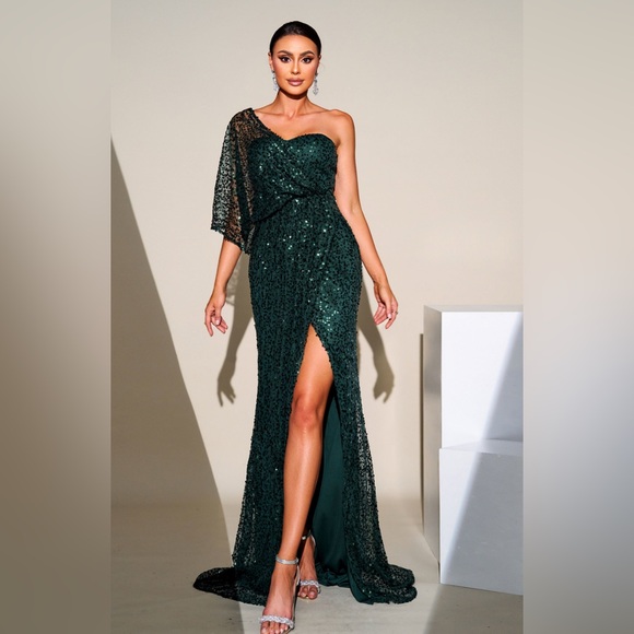 New dark green one-shoulder wrap maxi dress with batwing sleeves - Picture 1 of 8